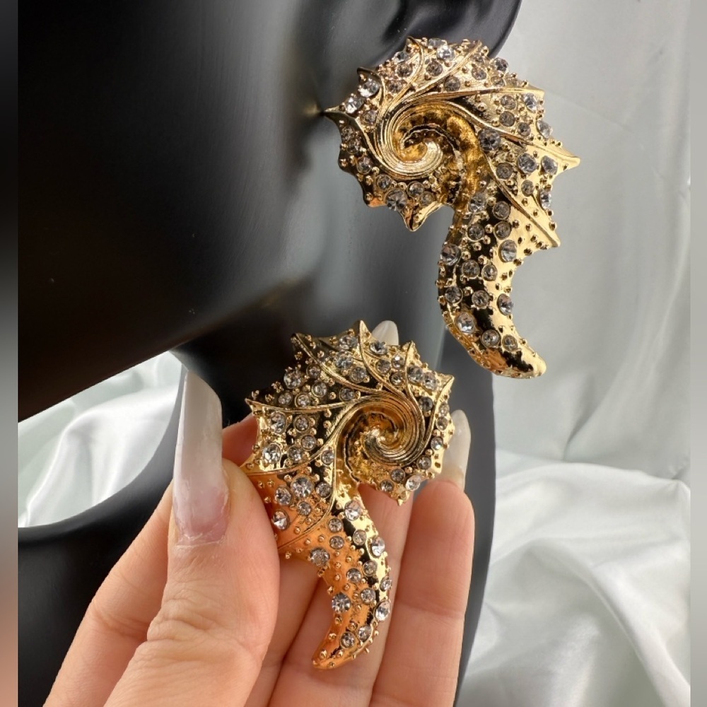 Zara seashell Gold and diamond crystal Swirl Earrings